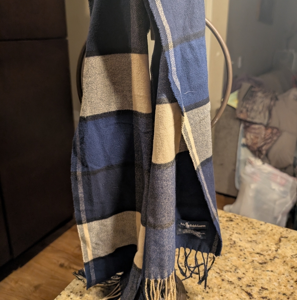 Ralph Lauren Blue Navy & Beige Plaid Scarf